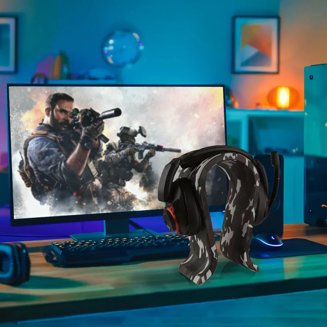 Gaming Display Omega Wooden for Stand, Razer, Hanger Headphone Beach, Geekria Desk PS5 Hyperx, Turtle Headphones, Leather Vegan JBL, Stand (Camo) Over-Ear Sennheiser, with Compatible Headset