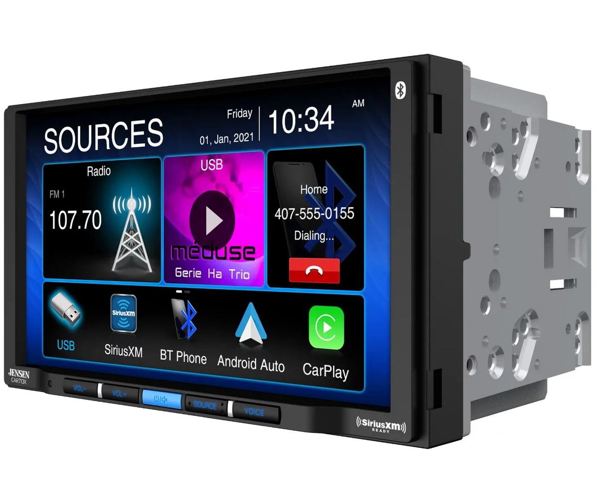 with l Mechless Jensen x l Built-in CarPlay Bluetooth l Multimedia Android 240 SiriusXM-Ready Receiver (60W 7” Power MOSFET 4) l CAR710X Auto Watts